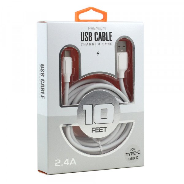 Wholesale Type C / USB-C 2.4A Heavy Duty Strong Durable Charge and Sync USB Cable 10FT (White)